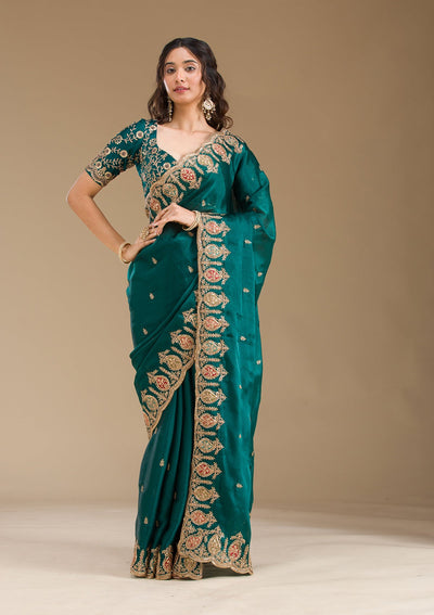 Peacock Green Zariwork Tissue Saree-Koskii