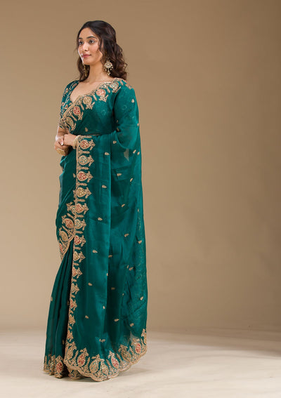 Peacock Green Zariwork Tissue Saree-Koskii