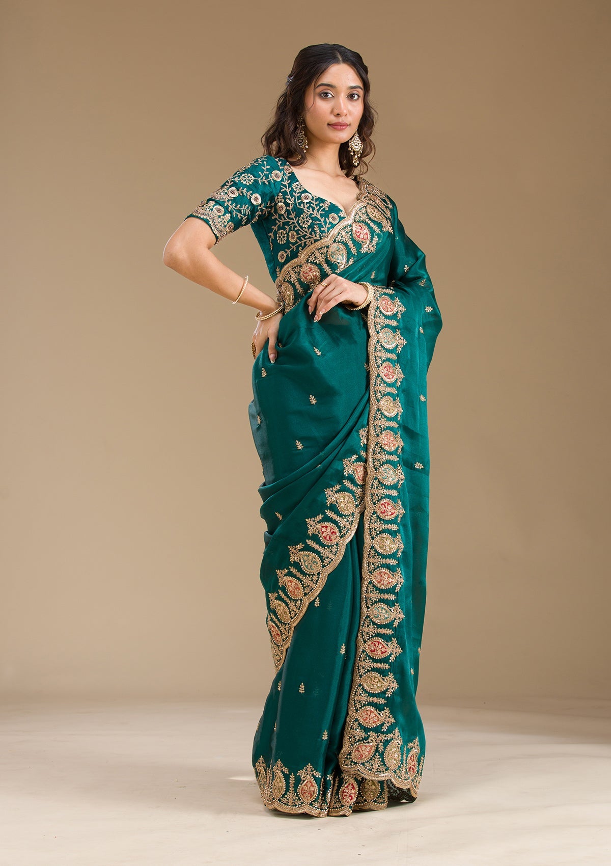 Peacock Green Zariwork Tissue Saree-Koskii