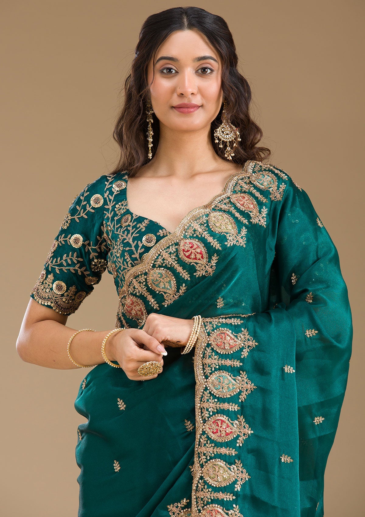 Peacock Green Zariwork Tissue Saree-Koskii