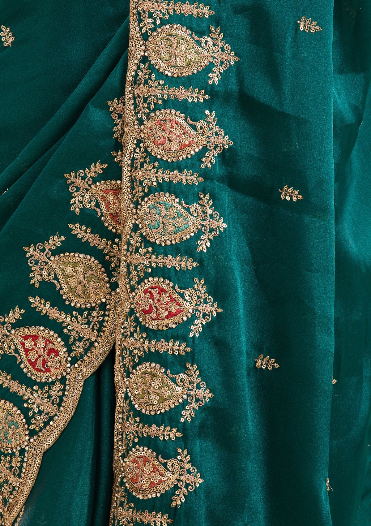 Peacock Green Zariwork Tissue Saree-Koskii