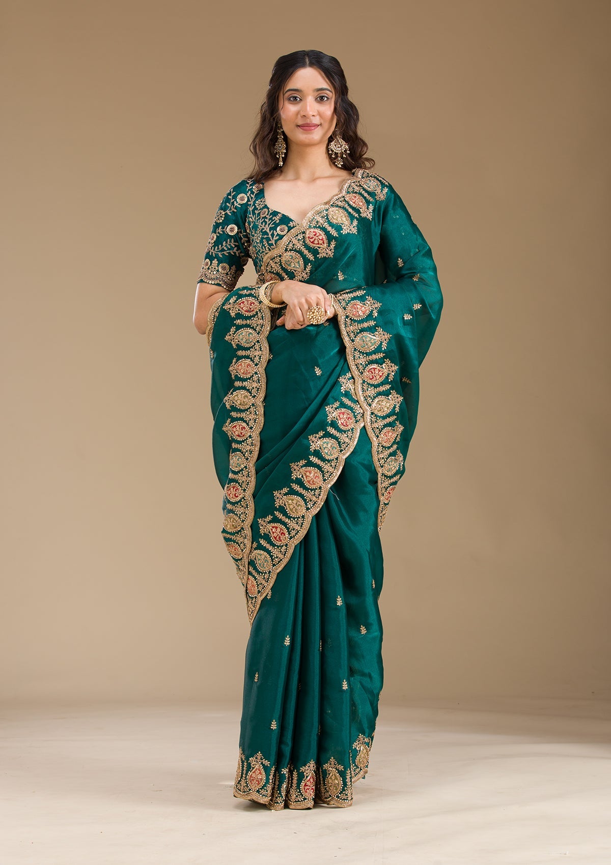 Peacock Green Zariwork Tissue Saree-Koskii