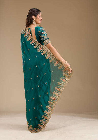 Peacock Green Zariwork Tissue Saree-Koskii