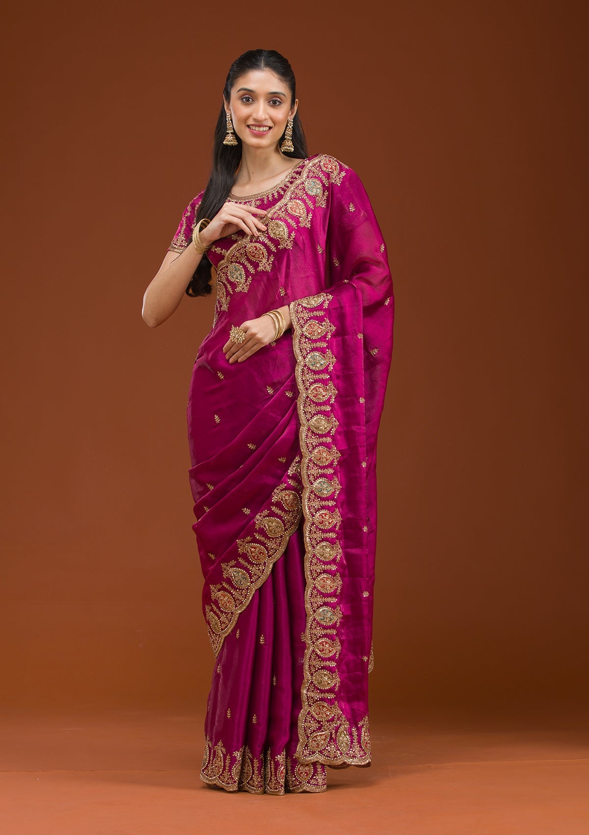 Wine Zariwork Tissue Saree-Koskii