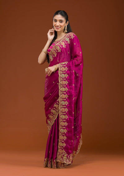 Wine Zariwork Tissue Saree-Koskii