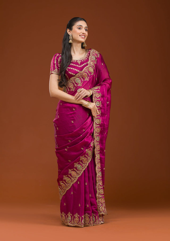 Wine Zariwork Tissue Saree-Koskii