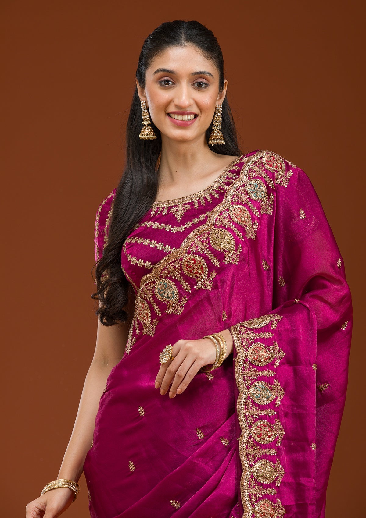 Wine Zariwork Tissue Saree-Koskii