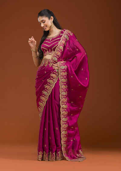 Wine Zariwork Tissue Saree-Koskii