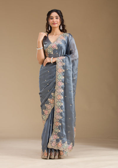 Grey Zariwork Tissue Saree-Koskii