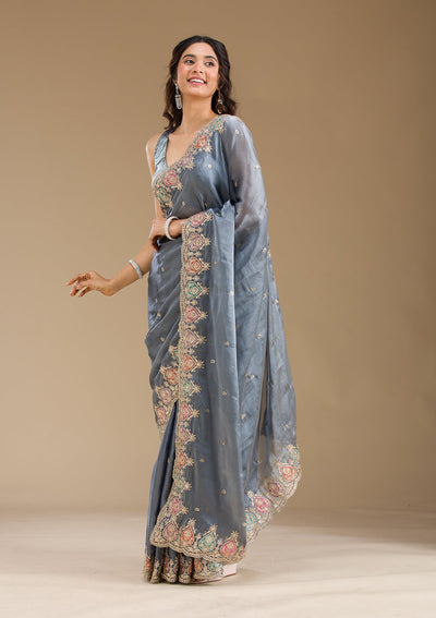 Grey Zariwork Tissue Saree-Koskii