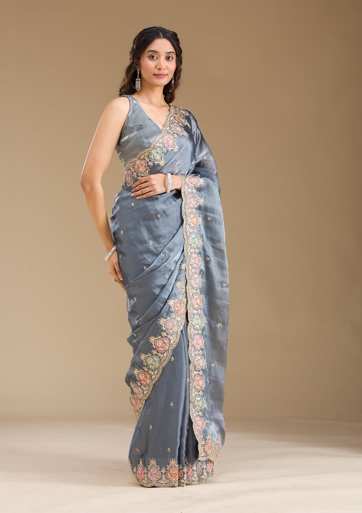 Grey Zariwork Tissue Saree-Koskii