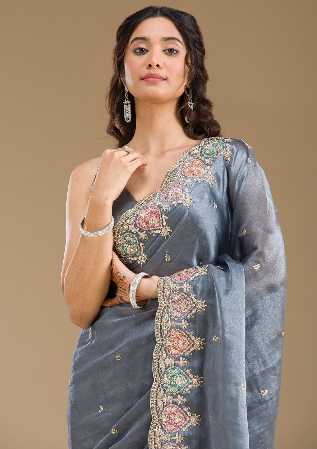 Grey Zariwork Tissue Saree-Koskii