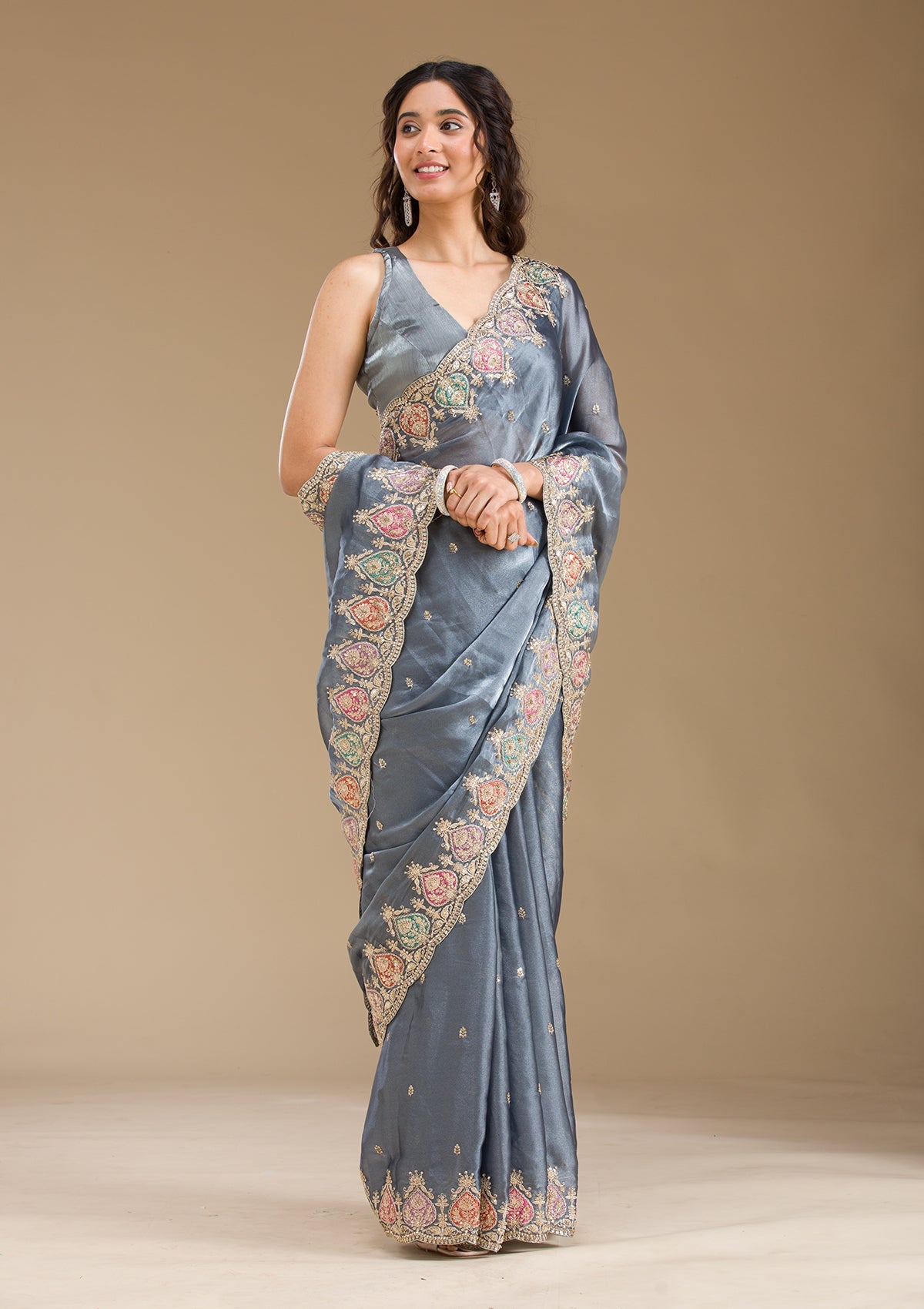 Grey Zariwork Tissue Saree-Koskii