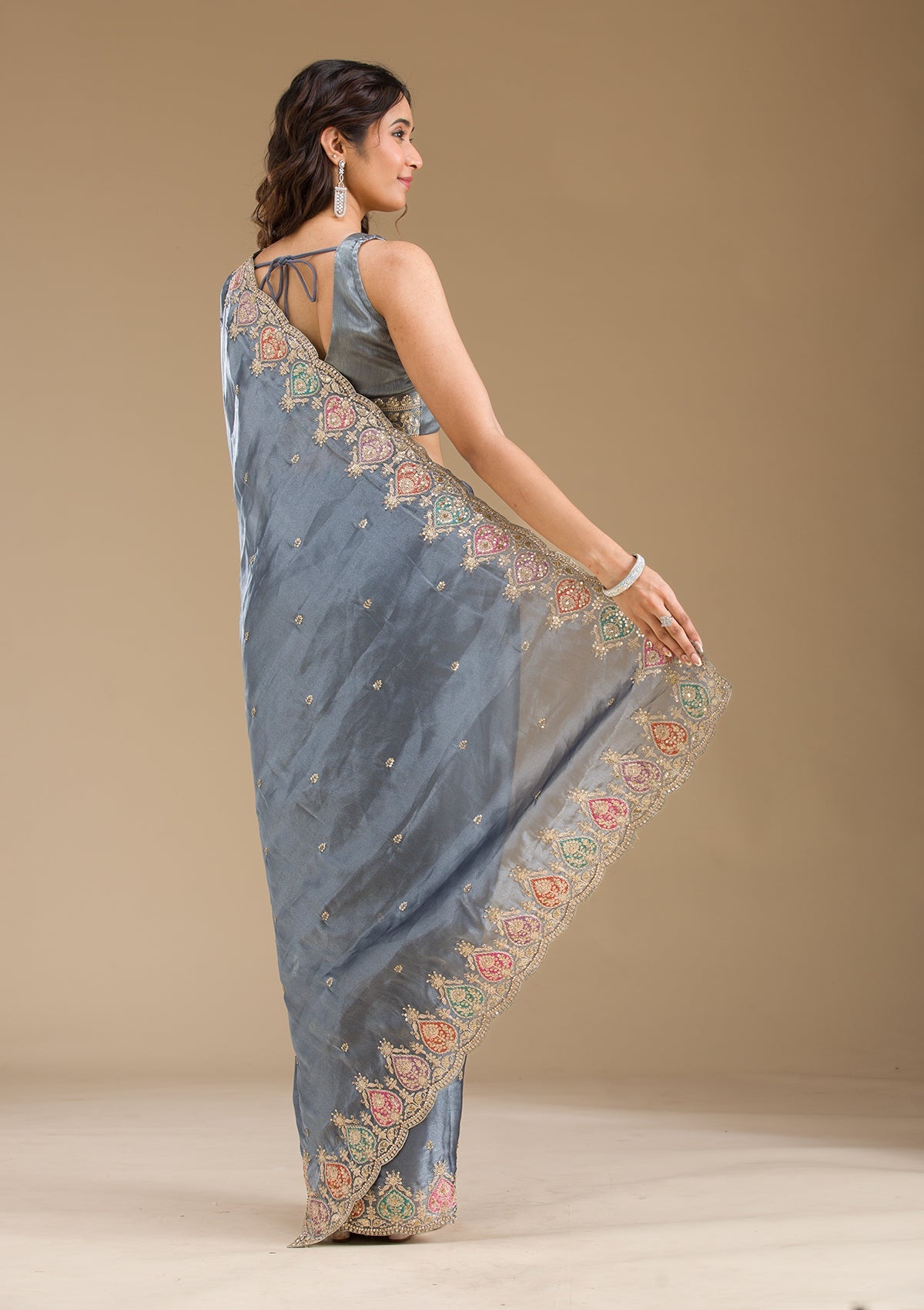 Grey Zariwork Tissue Saree-Koskii