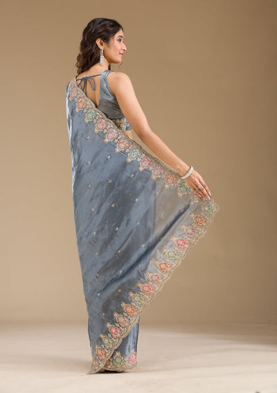 Grey Zariwork Tissue Saree-Koskii