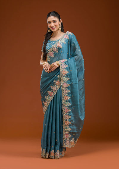 Peacock Blue Zariwork Tissue Saree-Koskii