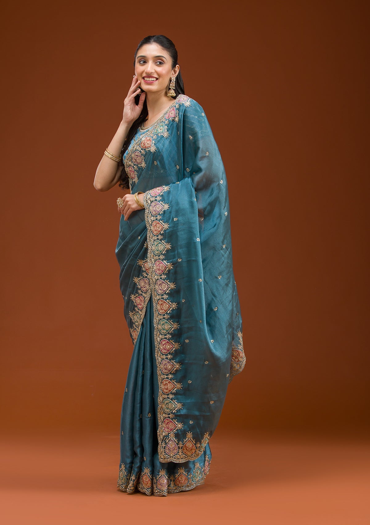 Peacock Blue Zariwork Tissue Saree-Koskii