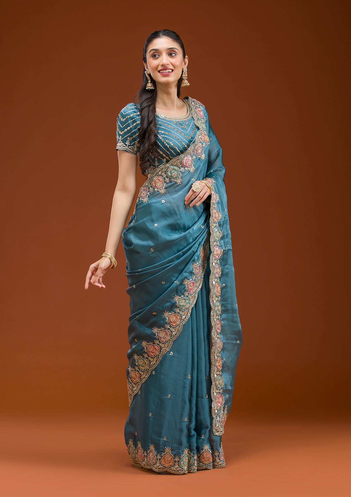 Peacock Blue Zariwork Tissue Saree-Koskii