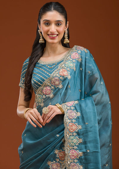 Peacock Blue Zariwork Tissue Saree-Koskii