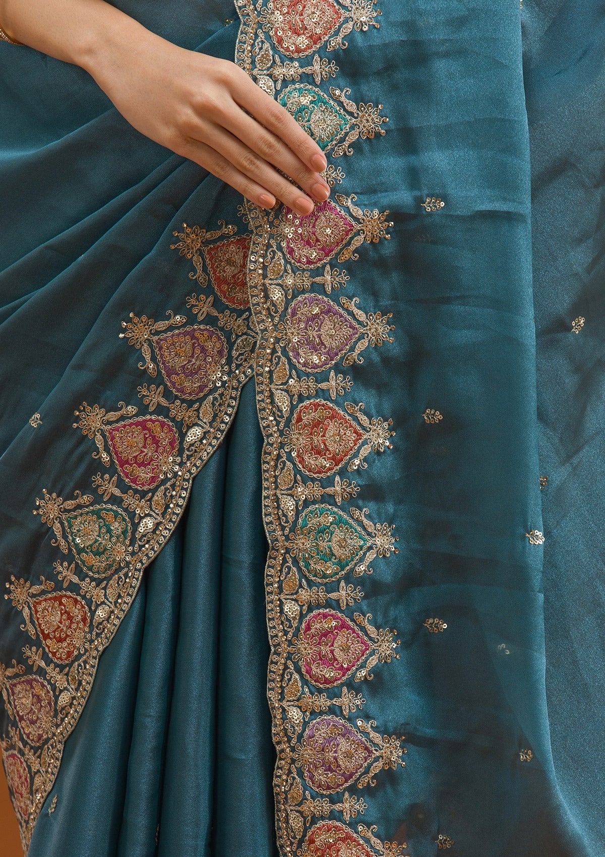 Peacock Blue Zariwork Tissue Saree-Koskii