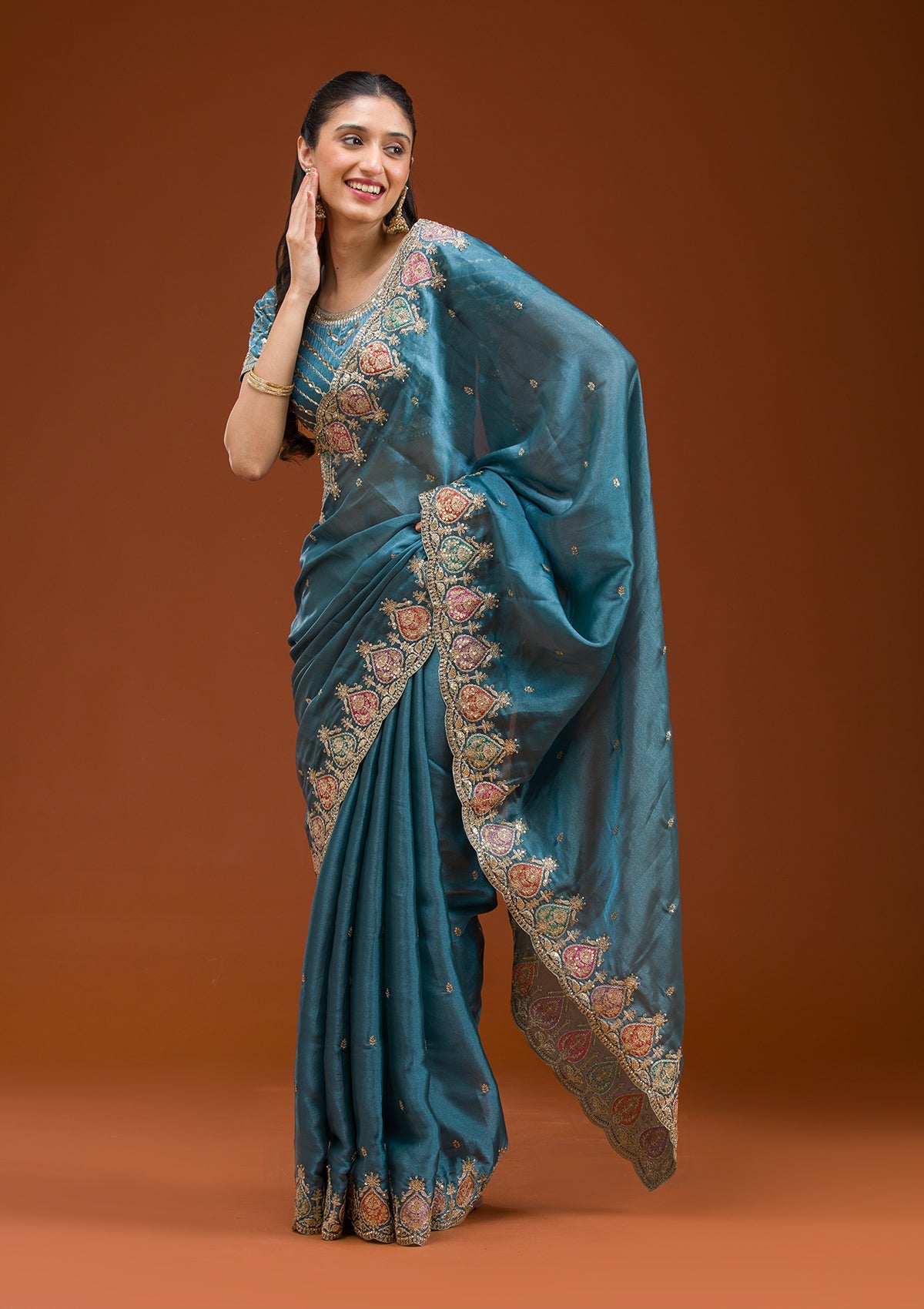 Peacock Blue Zariwork Tissue Saree-Koskii