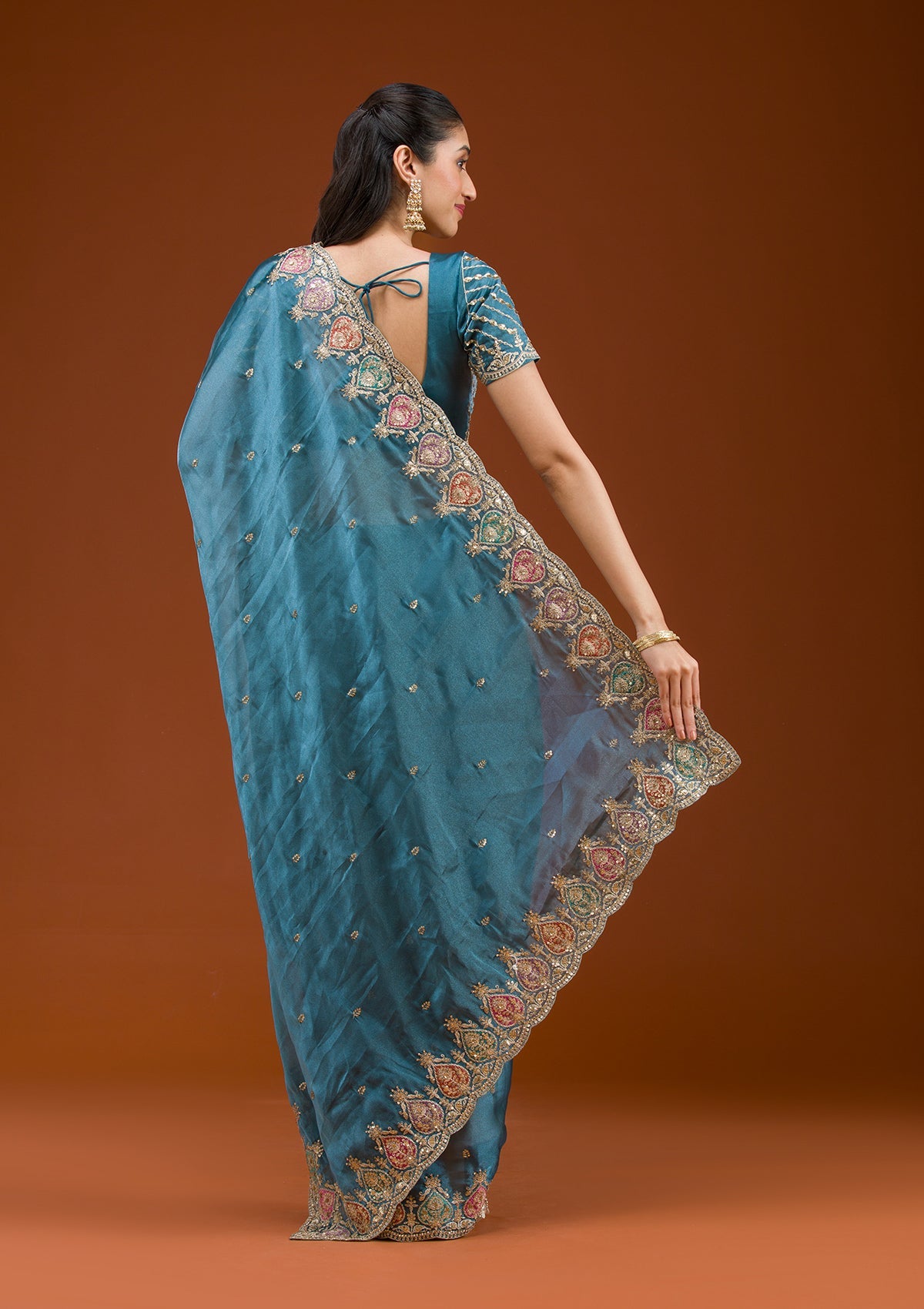 Peacock Blue Zariwork Tissue Saree-Koskii