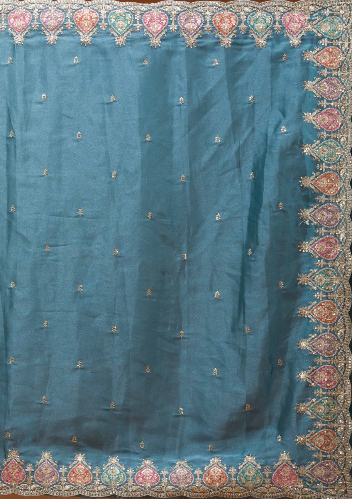 Peacock Blue Zariwork Tissue Saree-Koskii