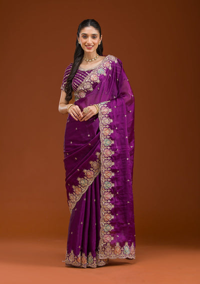 Purple Zariwork Tissue Saree-Koskii