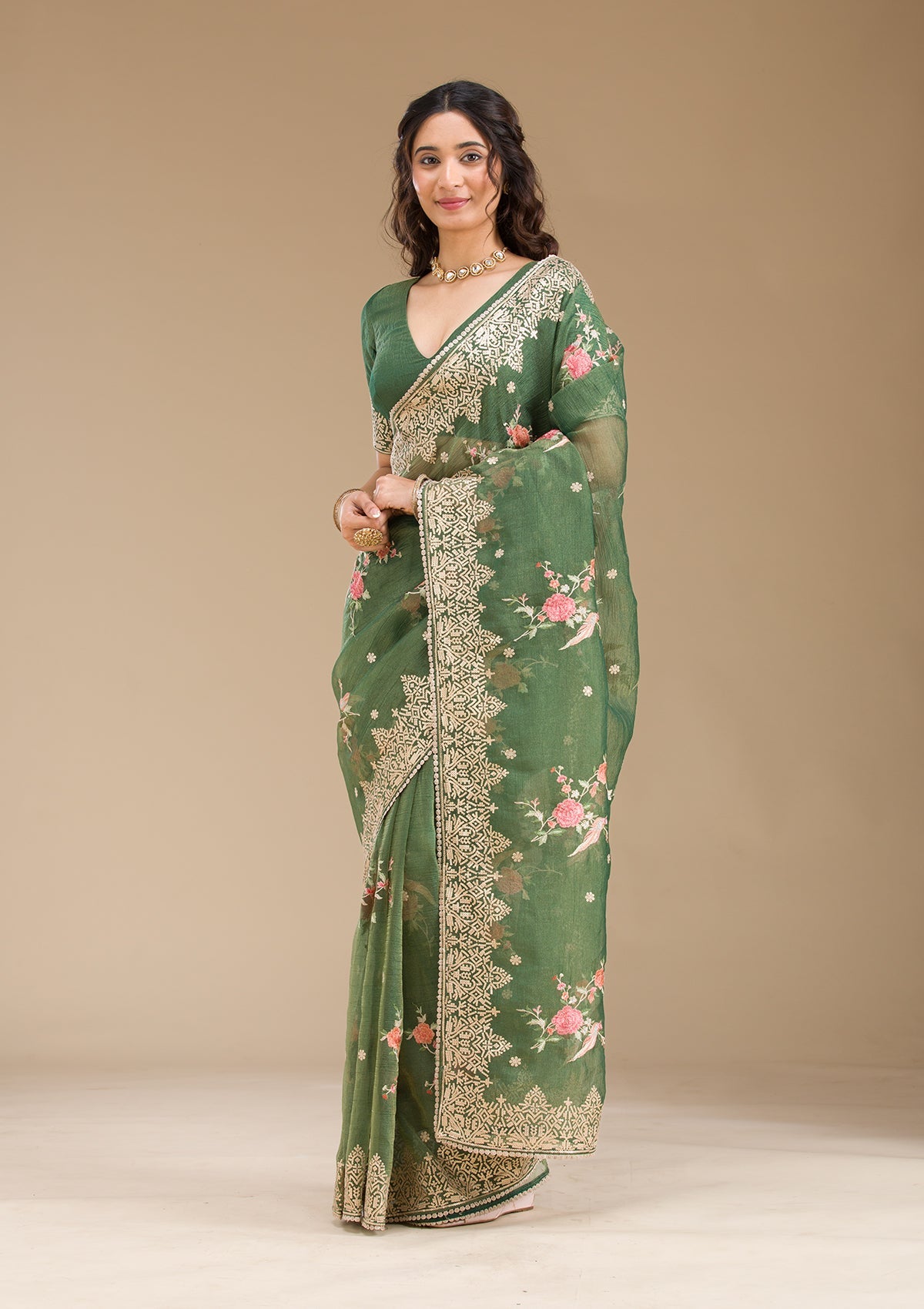 Bottle Green Sequins Tissue Saree-Koskii