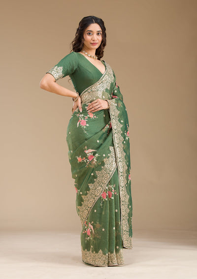 Bottle Green Sequins Tissue Saree-Koskii