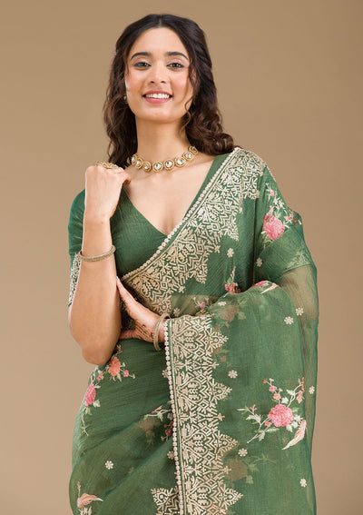 Bottle Green Sequins Tissue Saree-Koskii