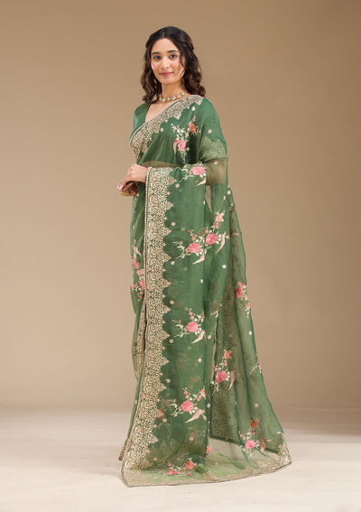 Bottle Green Sequins Tissue Saree-Koskii