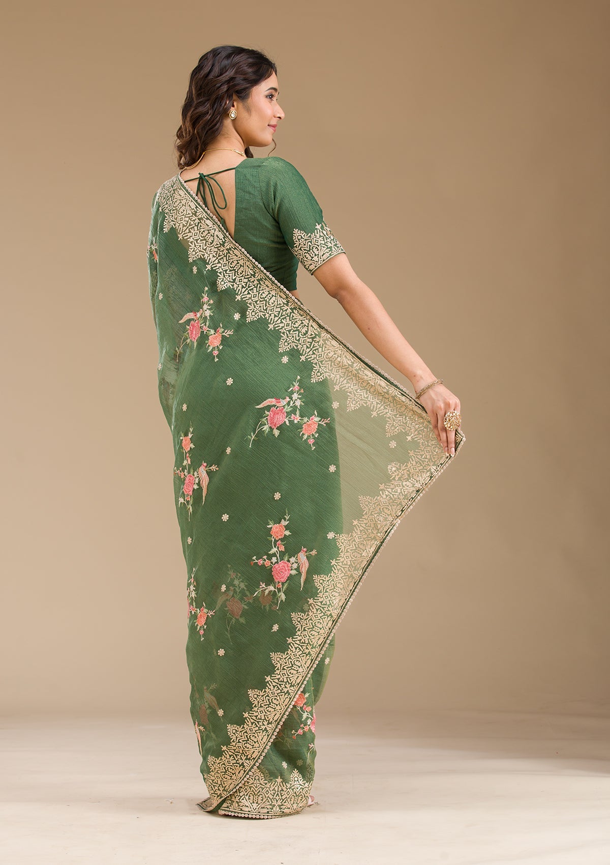 Bottle Green Sequins Tissue Saree-Koskii