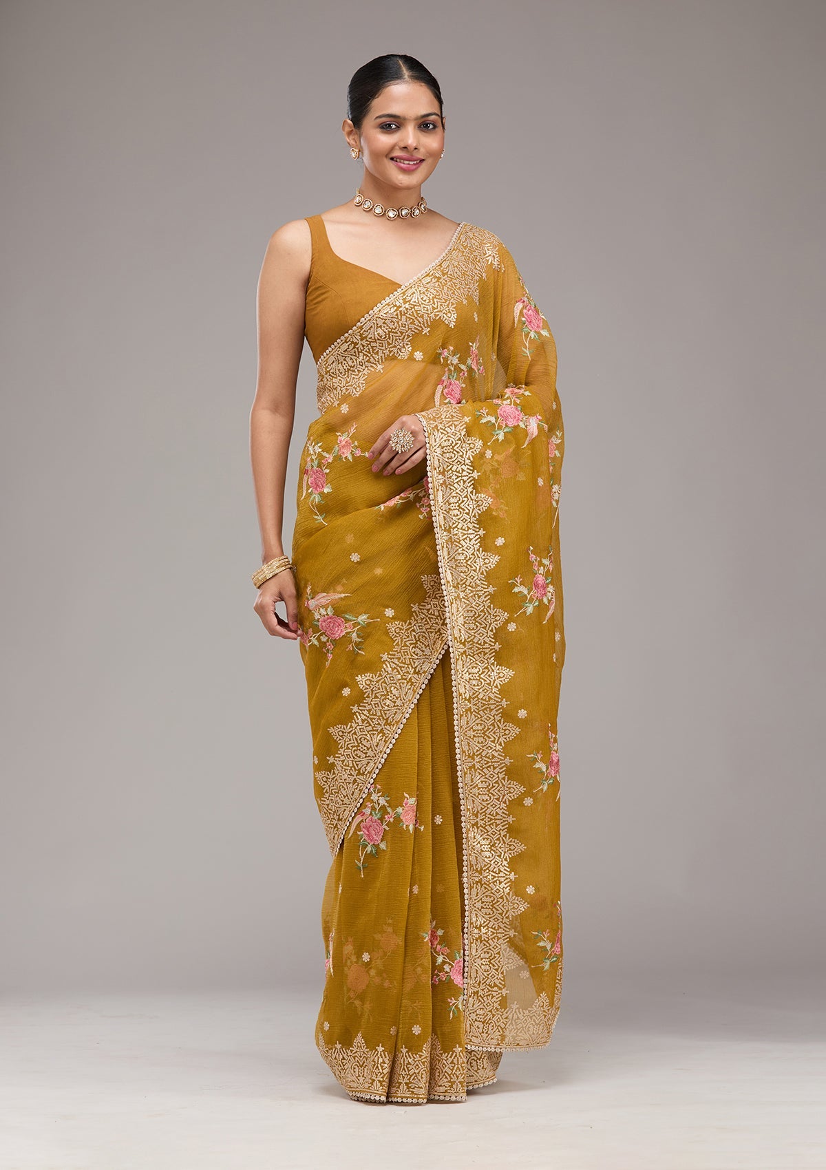 Mustard Sequins Tissue Saree-Koskii