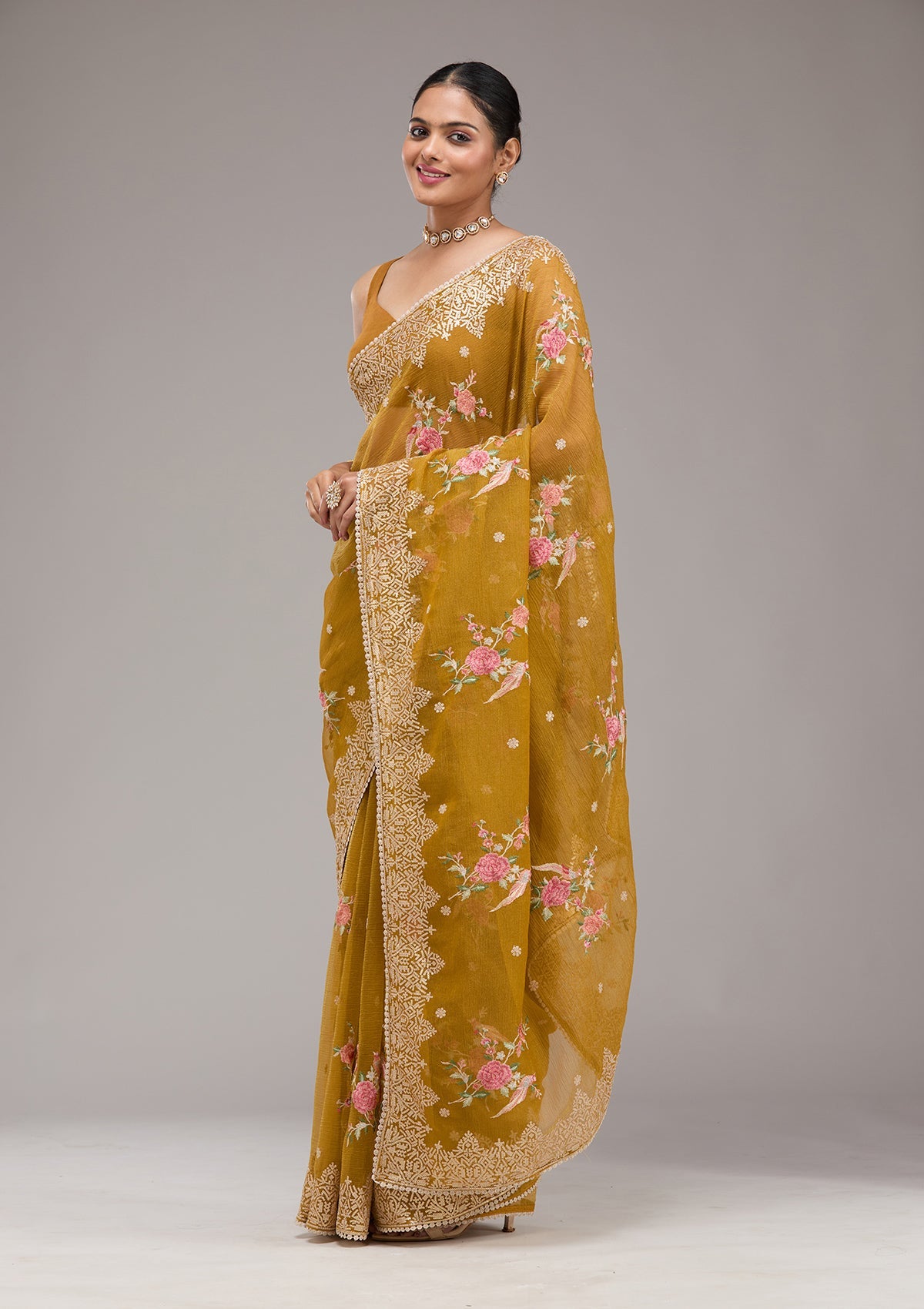 Mustard Sequins Tissue Saree-Koskii