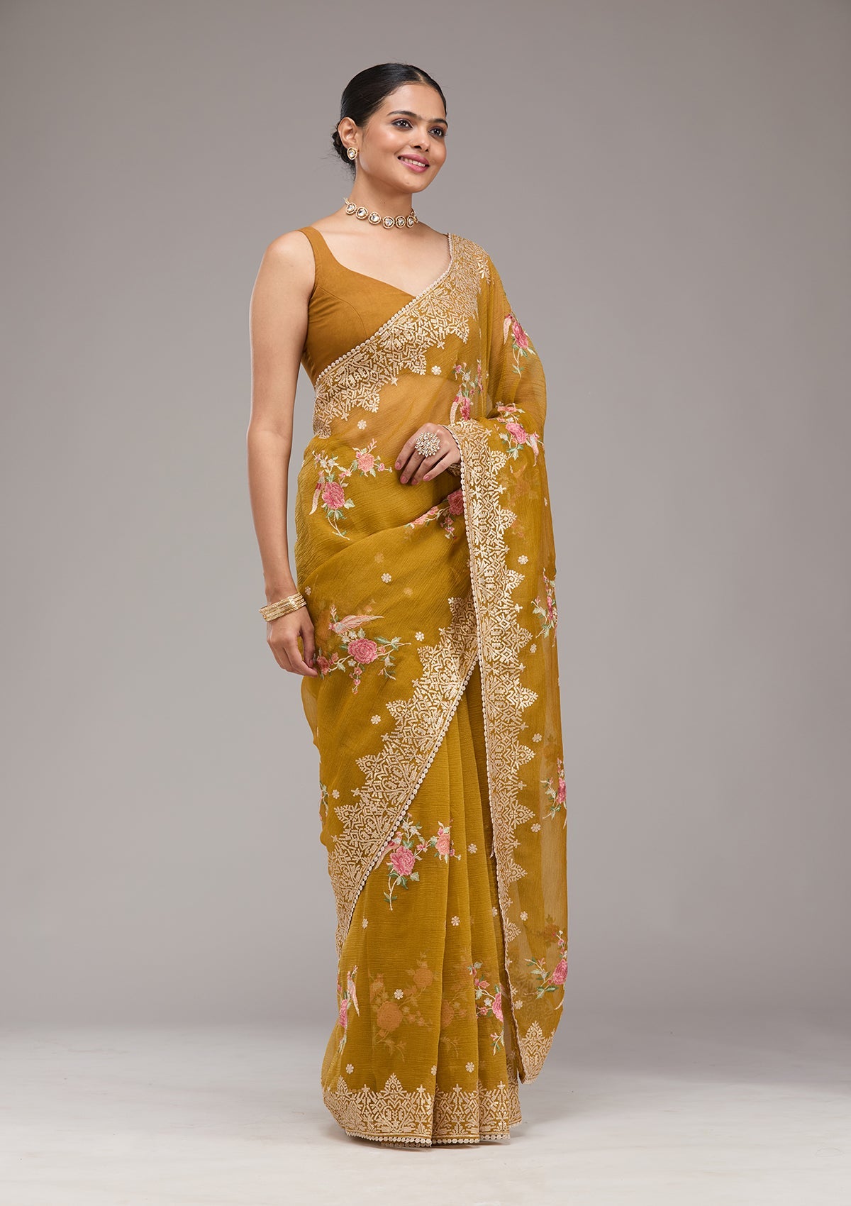 Mustard Sequins Tissue Saree-Koskii