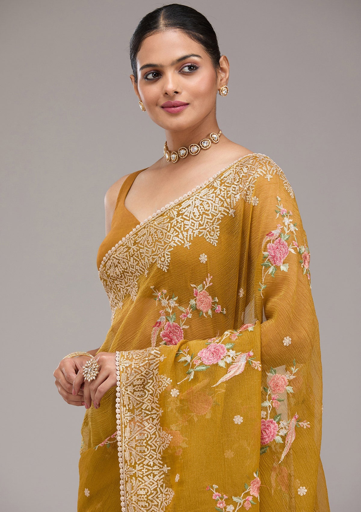 Mustard Sequins Tissue Saree-Koskii