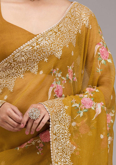 Mustard Sequins Tissue Saree-Koskii