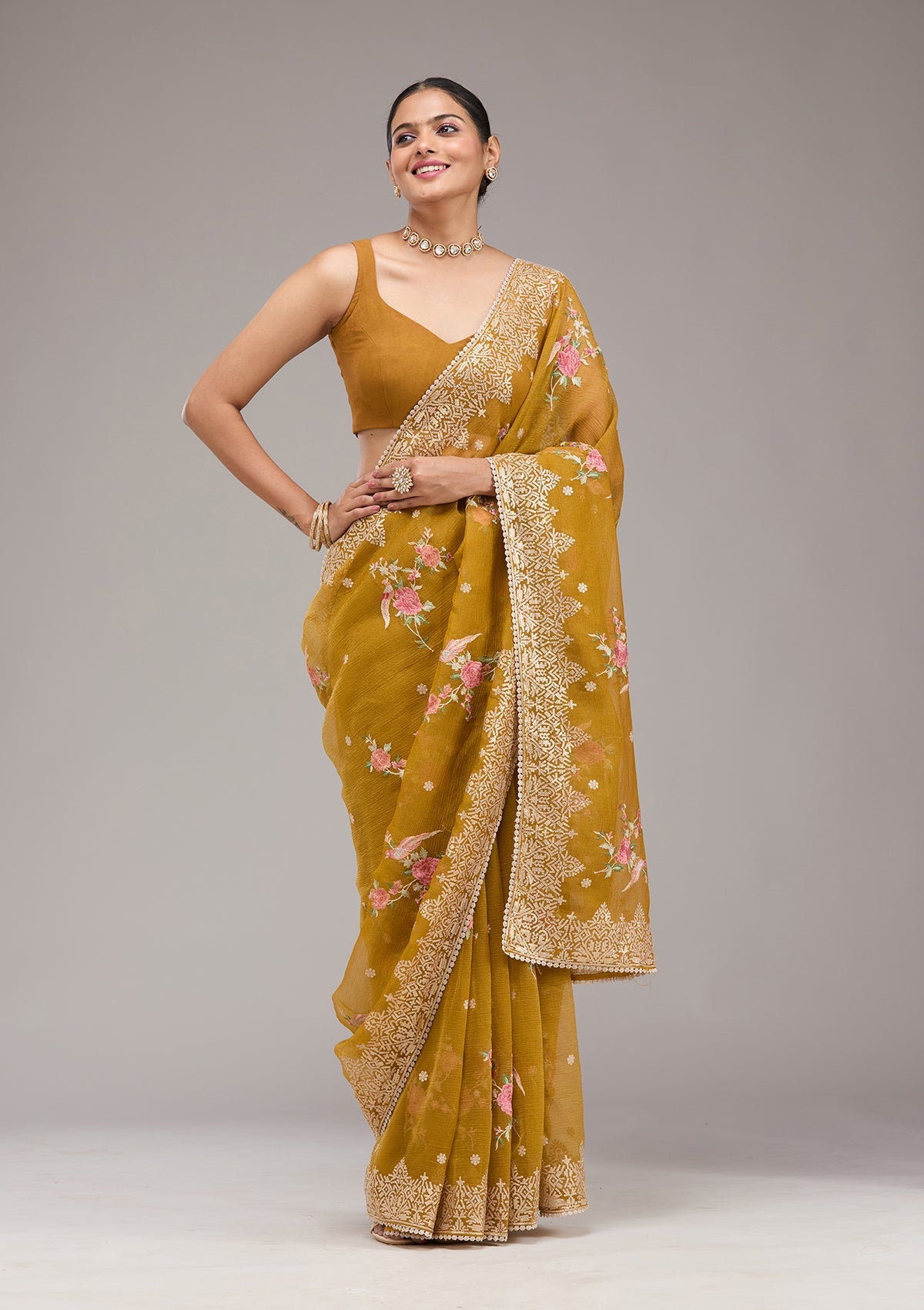 Mustard Sequins Tissue Saree-Koskii