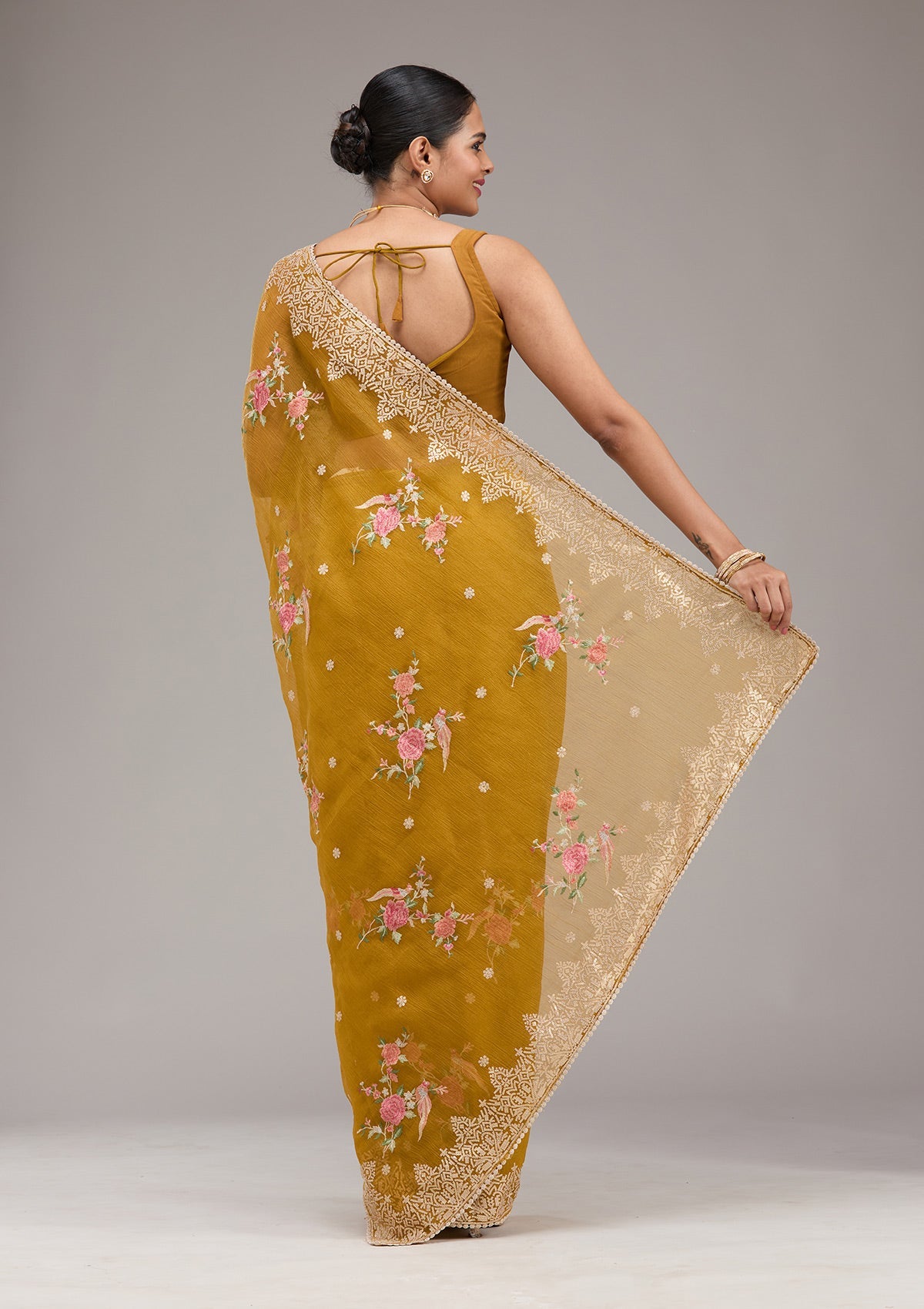 Mustard Sequins Tissue Saree-Koskii