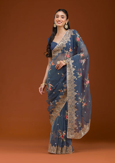 Navy Blue Sequins Tissue Saree-Koskii