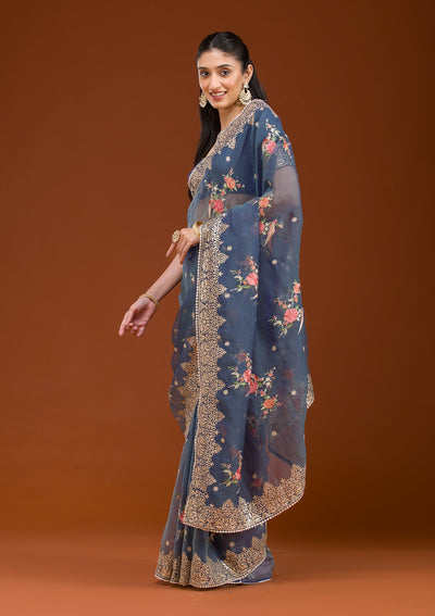 Navy Blue Sequins Tissue Saree-Koskii