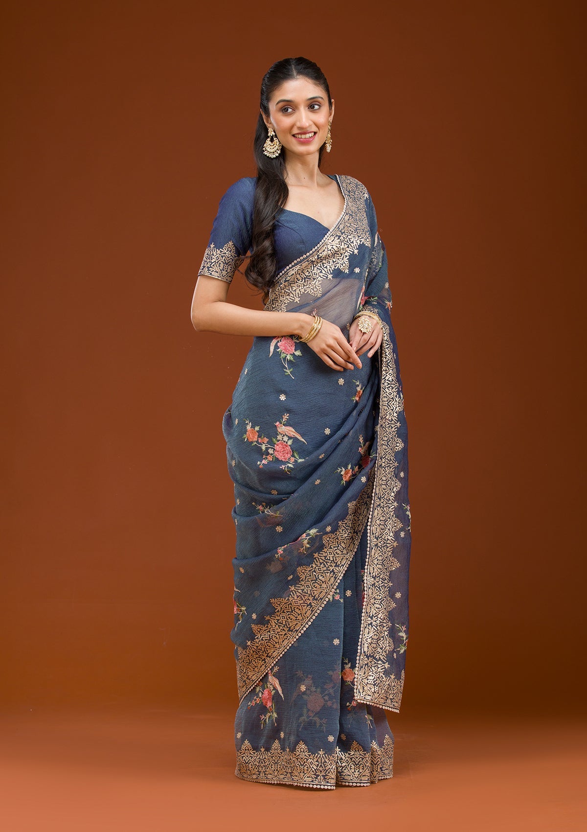 Navy Blue Sequins Tissue Saree-Koskii