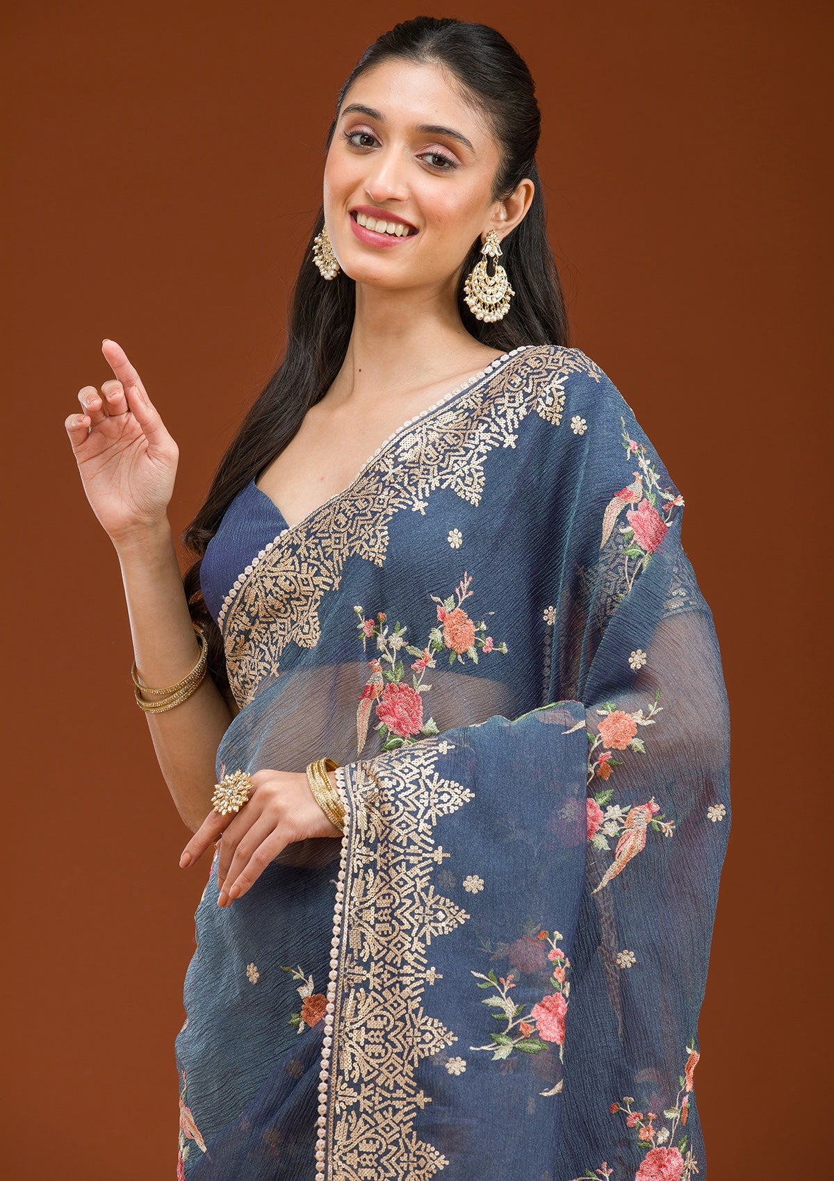 Navy Blue Sequins Tissue Saree-Koskii