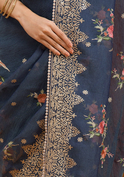 Navy Blue Sequins Tissue Saree-Koskii