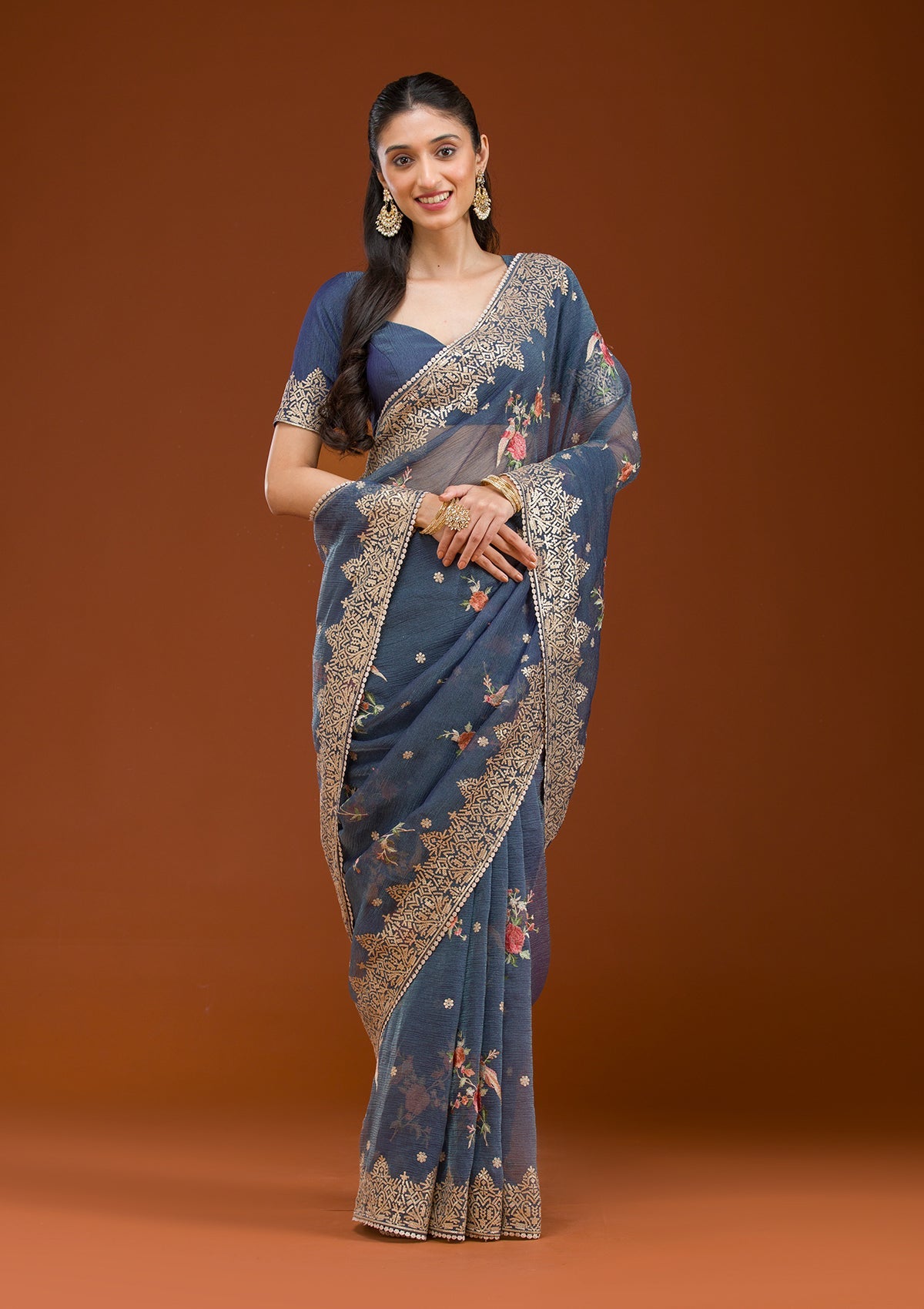 Navy Blue Sequins Tissue Saree-Koskii