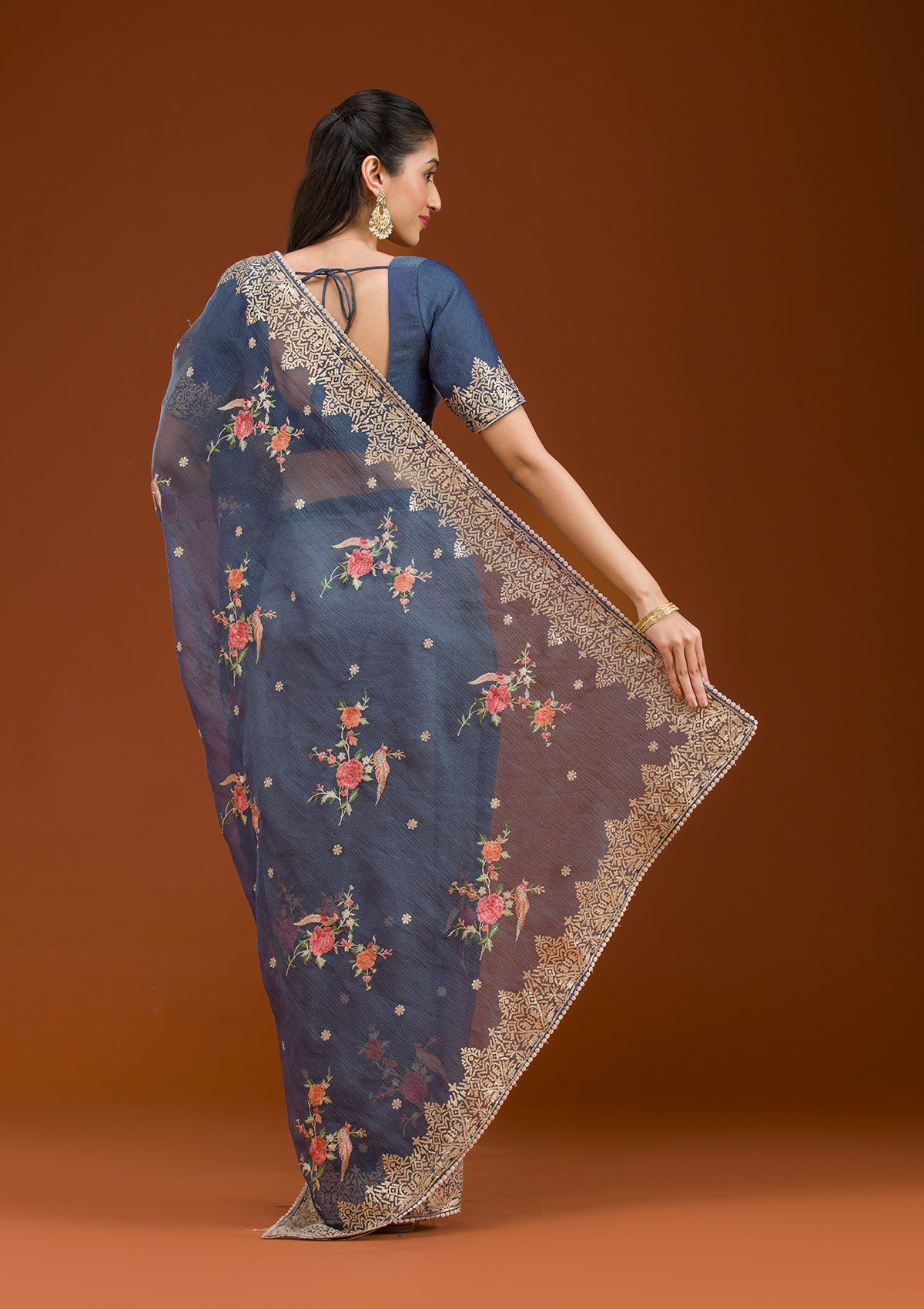 Navy Blue Sequins Tissue Saree-Koskii