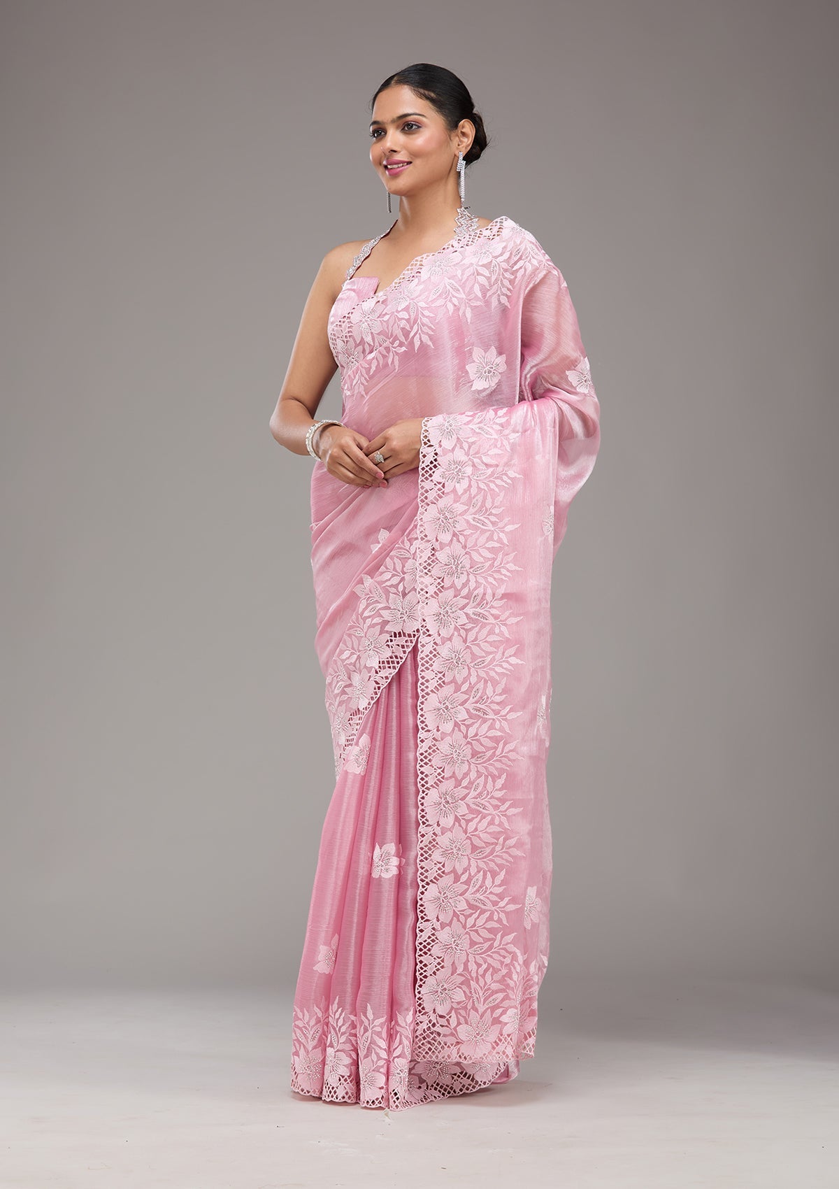 Pink Stonework Tissue Saree-Koskii