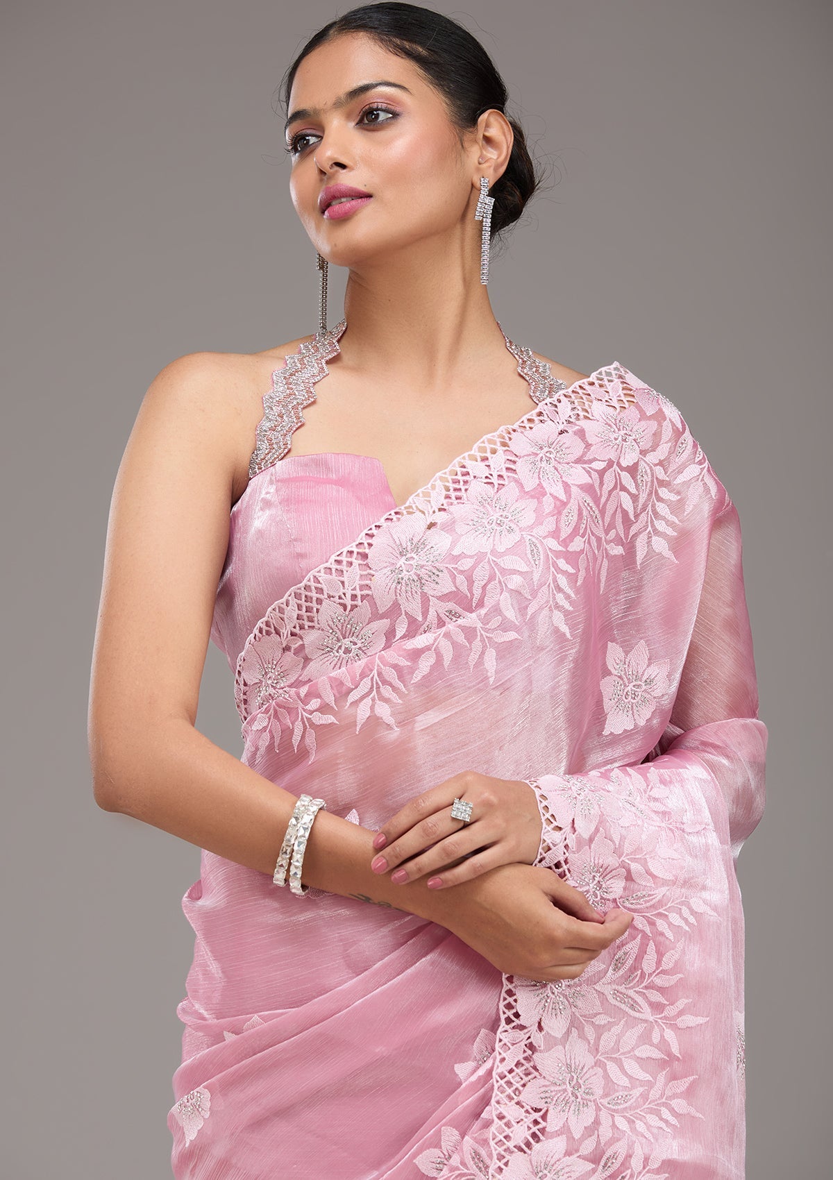 Pink Stonework Tissue Saree-Koskii