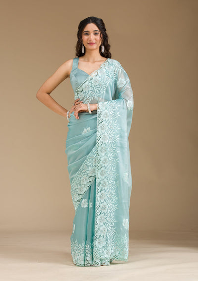 Sea Green Stonework Tissue Saree-Koskii